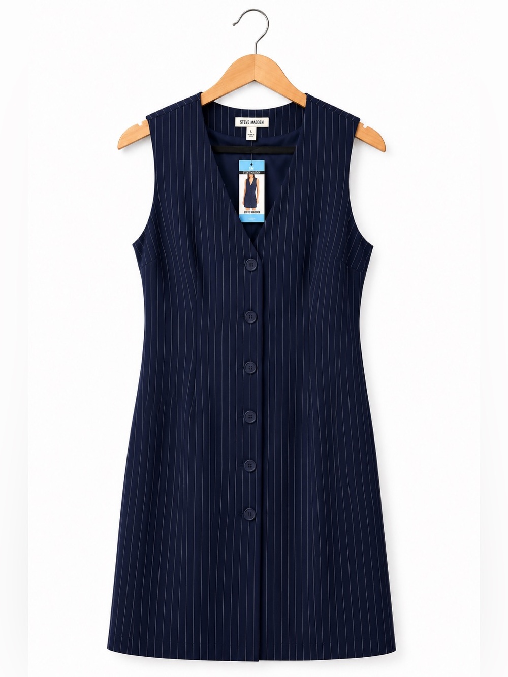Steve Madden Navy Pinstripe Button Front Sleeveless Dress NWT Tailored Preppy